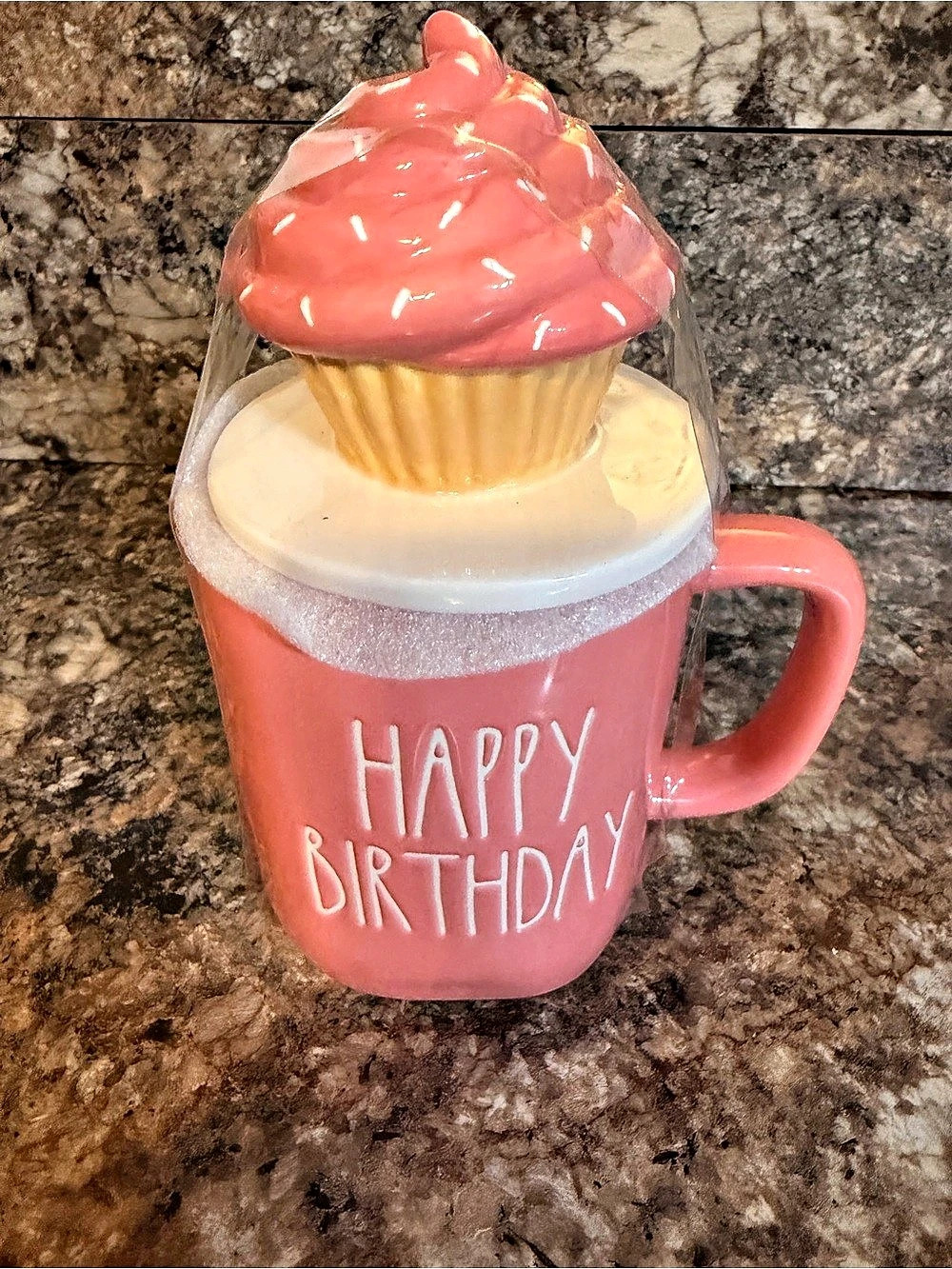 Rae Dunn Happy Birthday Cupcake Topper Mug Pink & White